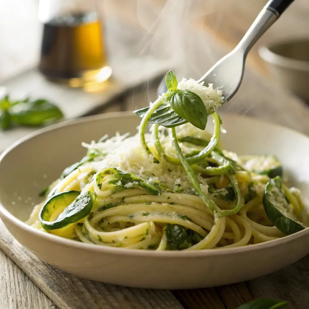 Zucchini Basil Pasta – Fresh, Light & Flavorful Summer Pasta 8 Fresh pasta with zucchini, basil, and parmesan served in bowl