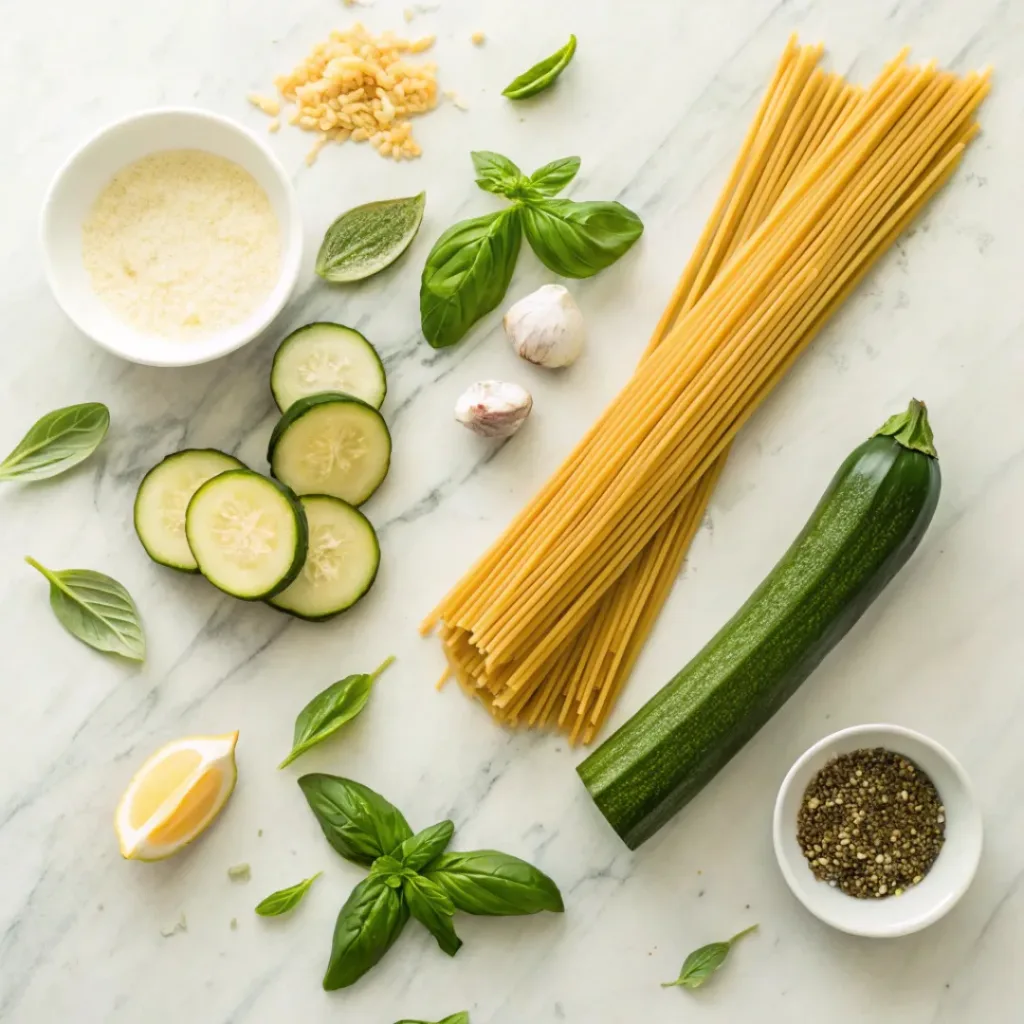 Zucchini Basil Pasta – Fresh, Light & Flavorful Summer Pasta 6 Flat lay of pasta, zucchini, basil, garlic, and olive oil