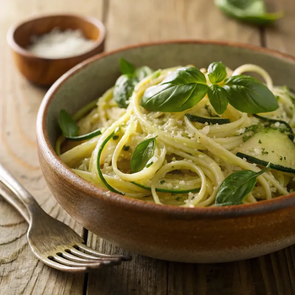 Pasta with zucchini ribbons, basil, and parmesan in light sauce