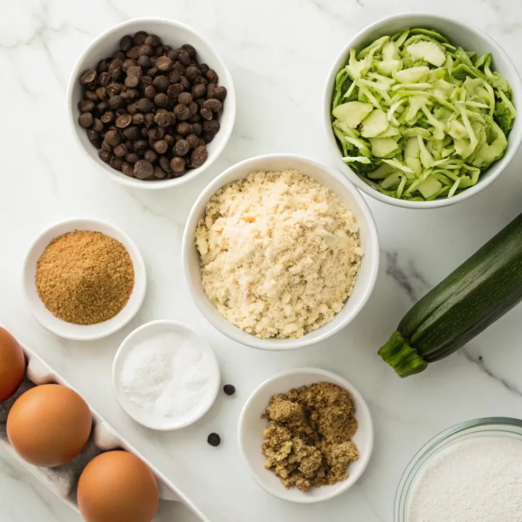 Flat lay of zucchini, oats, chocolate chips, flour, and baking ingredients