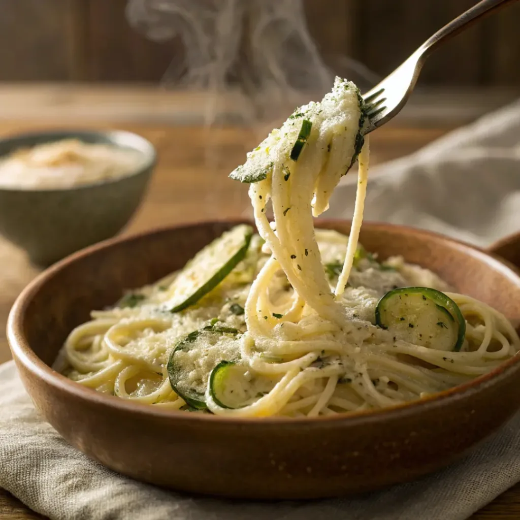 Creamy zucchini pasta with Parmesan cheese and herbs