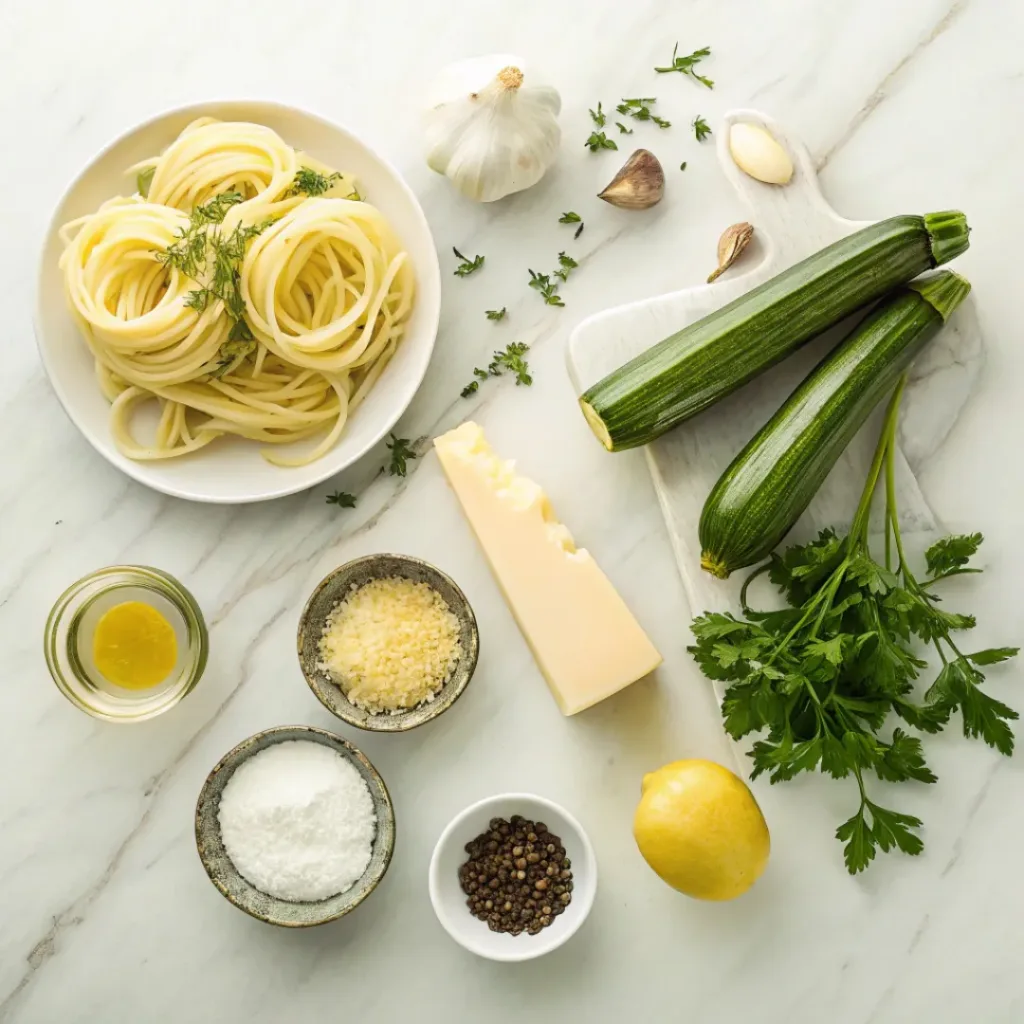 Flat lay of pasta, zucchini, Parmesan, garlic, and cream ingredients