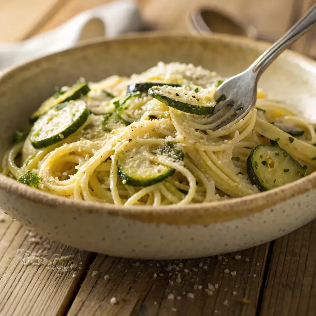 Creamy zucchini parmesan pasta with garlic, herbs, and cheese