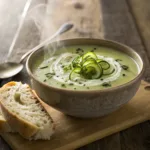 Creamy zucchini soup garnished with herbs and zucchini ribbons