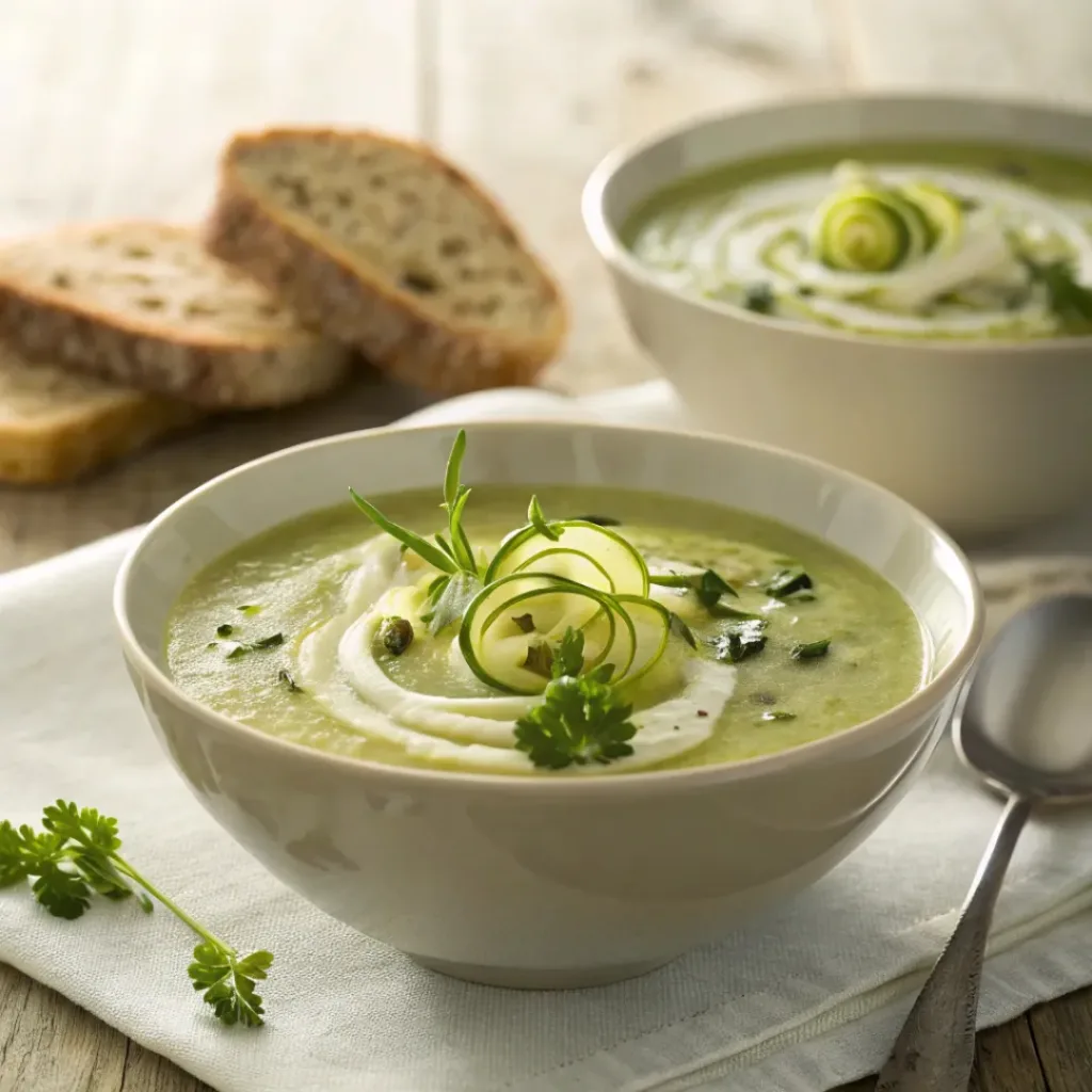 Hot creamy zucchini soup with herbs and artisan bread