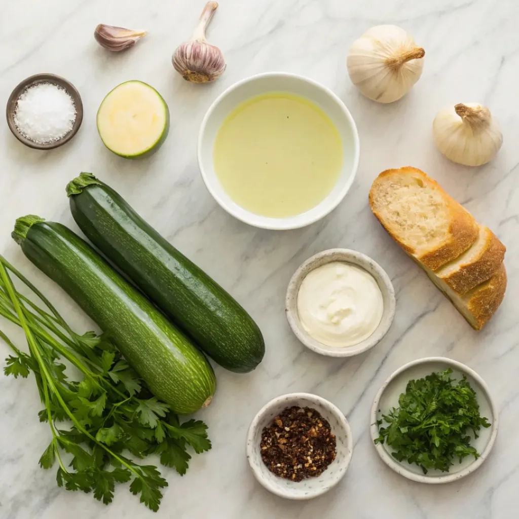 Flat lay of zucchini, garlic, onion, broth, and soup ingredients