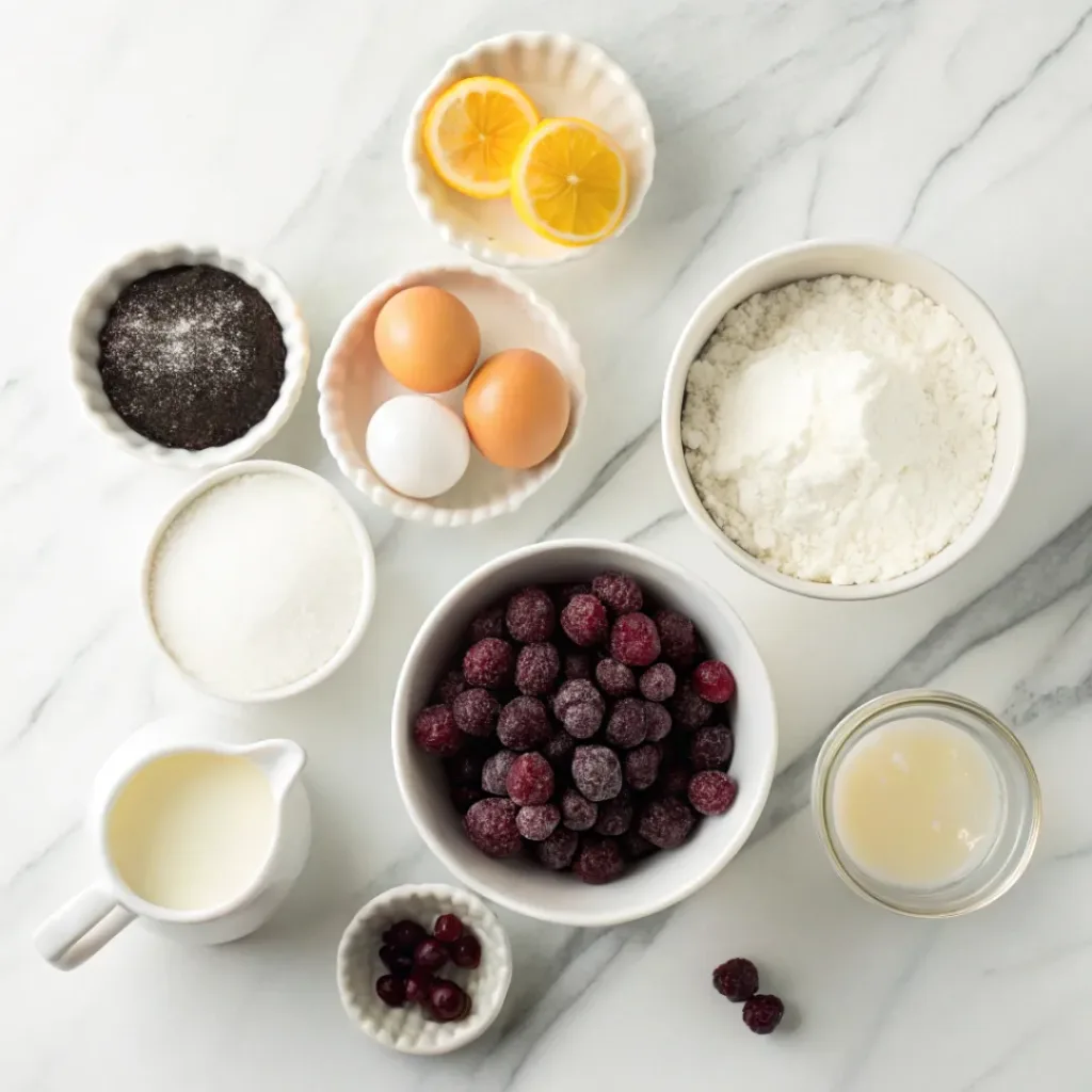 Ingredients for homemade black raspberry ice cream laid out on white marble