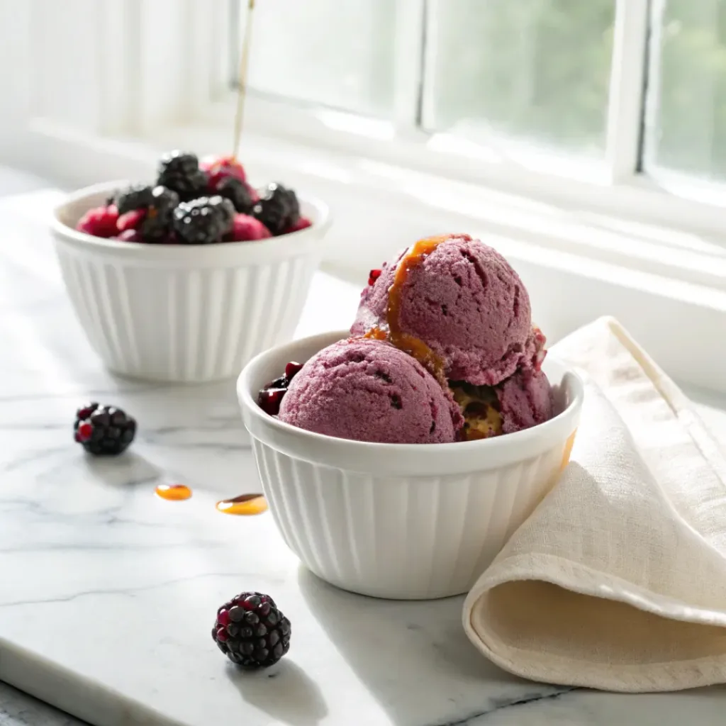 Two scoops of homemade black raspberry ice cream in a white bowl with fresh berries