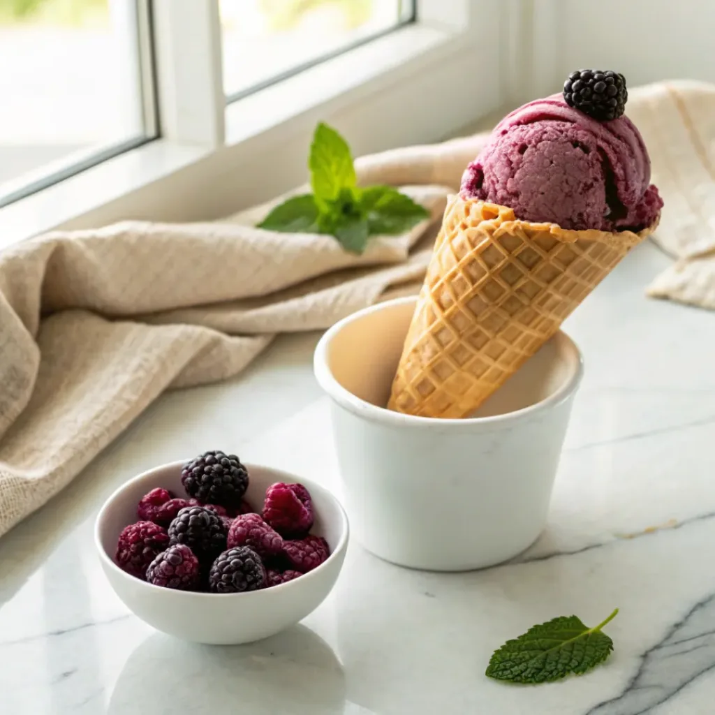 Scoop of black raspberry ice cream in a waffle cone with fresh berries and honey