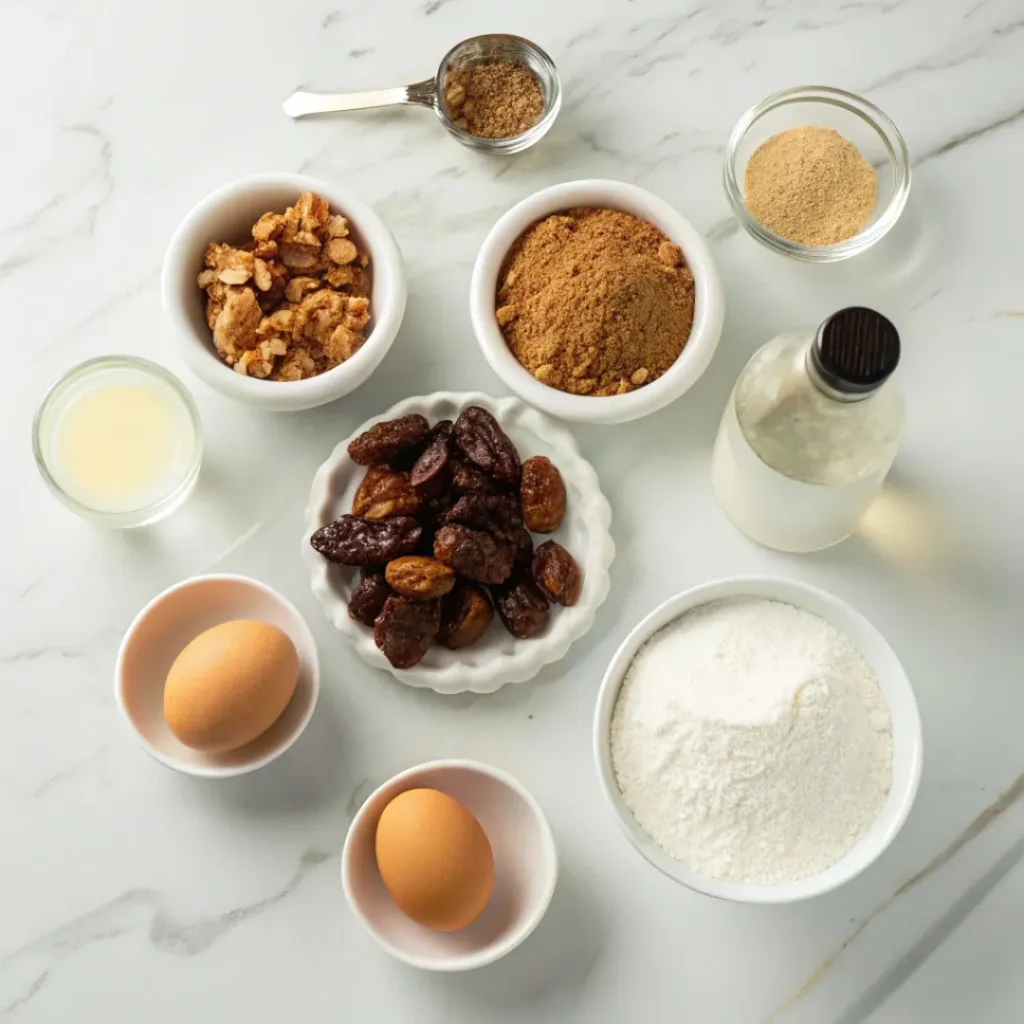 Ingredients for date and walnut cake laid out on white marble surface