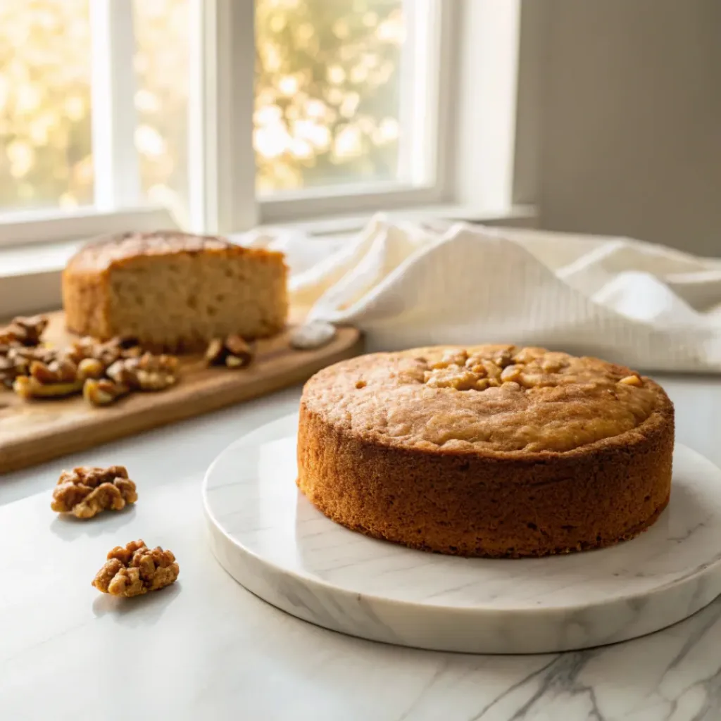 date and walnut cake on a white marble plate with walnuts