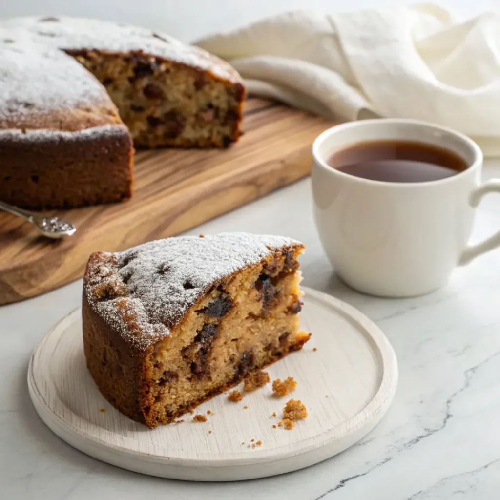 Slice of date and walnut cake on a white plate served with a cup of tea