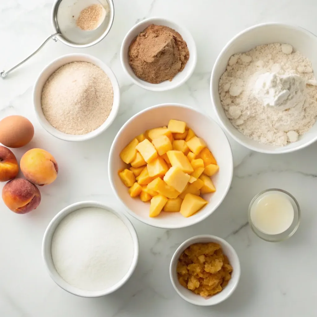 Ingredients for peach cobbler cookies laid out on marble