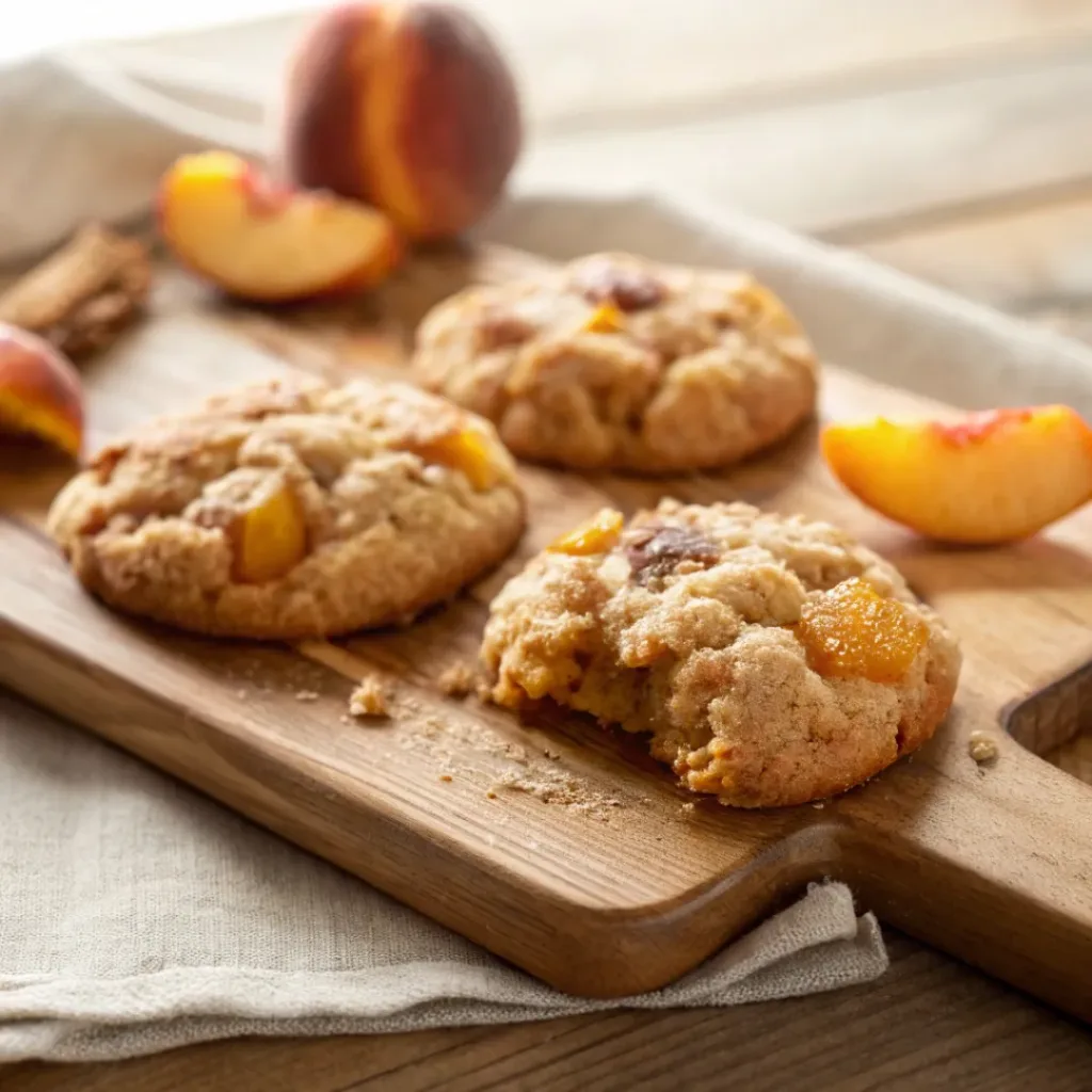 Peach cobbler cookies on a marble plate with fresh peaches