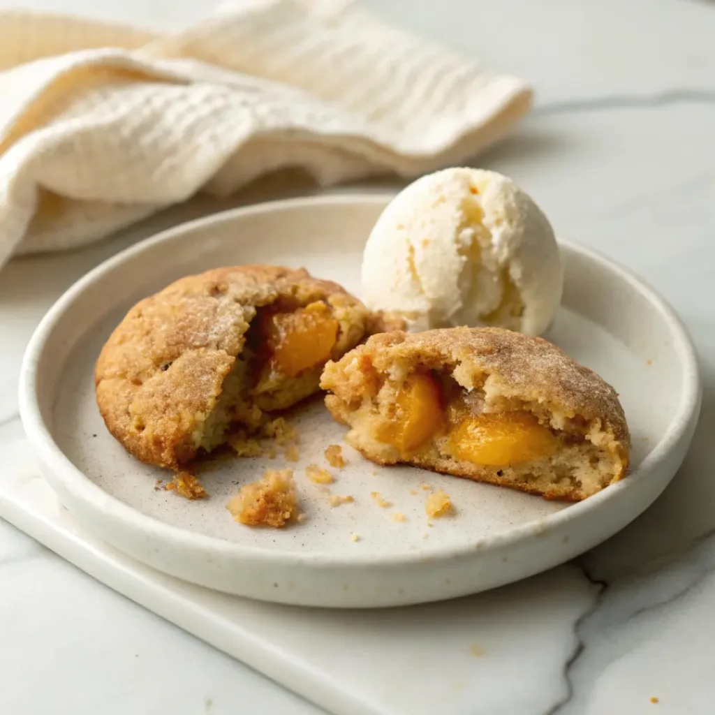 Peach cobbler cookie broken in half showing soft peach interior with ice cream