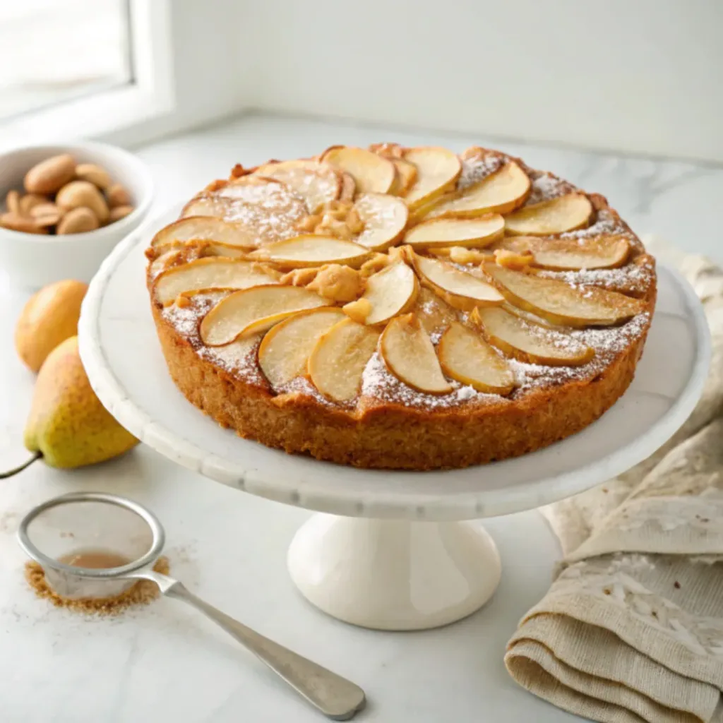 Home 6 Homemade almond French pear cake with sliced pears and toasted almonds on a cake stand.