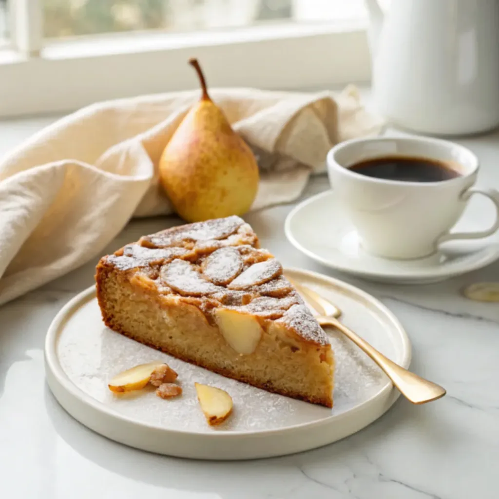 Almond French Pear Cake - Elegant and Easy Dessert 8 Slice of almond French pear cake served with espresso and fresh pear slices.