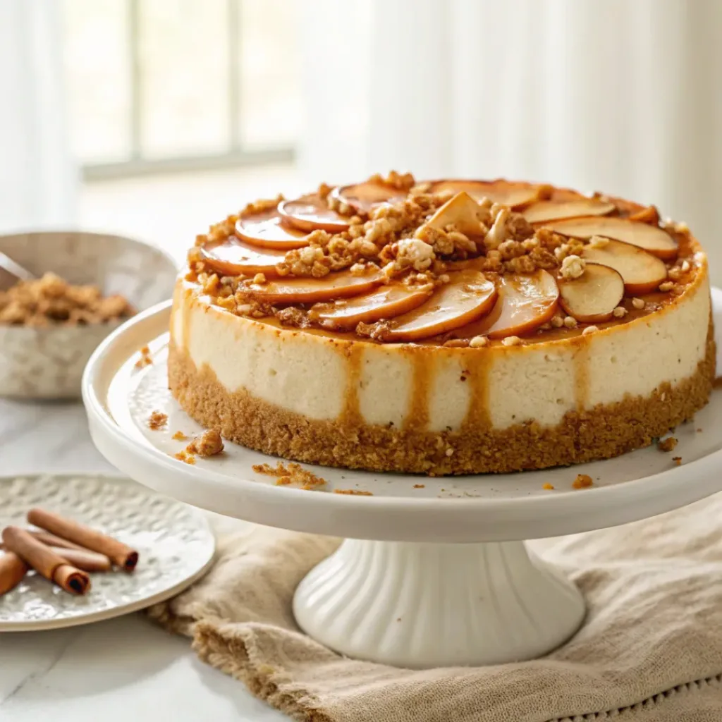 Homemade apple cheesecake with cinnamon apples and caramel drizzle on a cake stand.