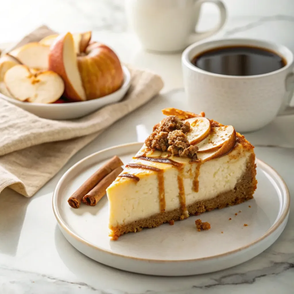 Slice of apple cheesecake served with caramel sauce and a cup of coffee.
