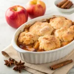 Homemade apple cobbler with a golden biscuit topping and warm cinnamon apple filling in a baking dish.