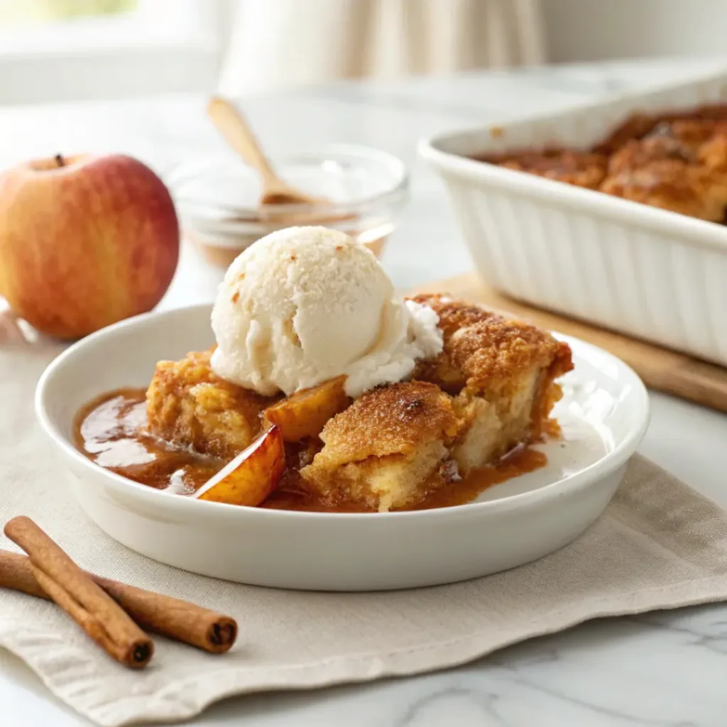Warm apple cobbler served with vanilla ice cream and caramel sauce.