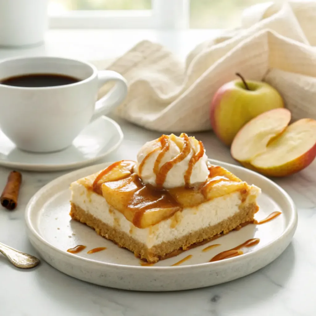 Apple Delight dessert served with caramel sauce and a cup of hot coffee.