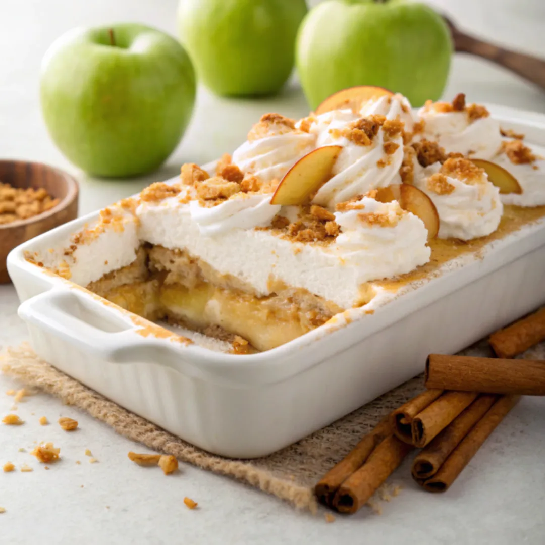 Homemade Apple Delight dessert with creamy layers, cinnamon apples, and whipped topping in a baking dish.