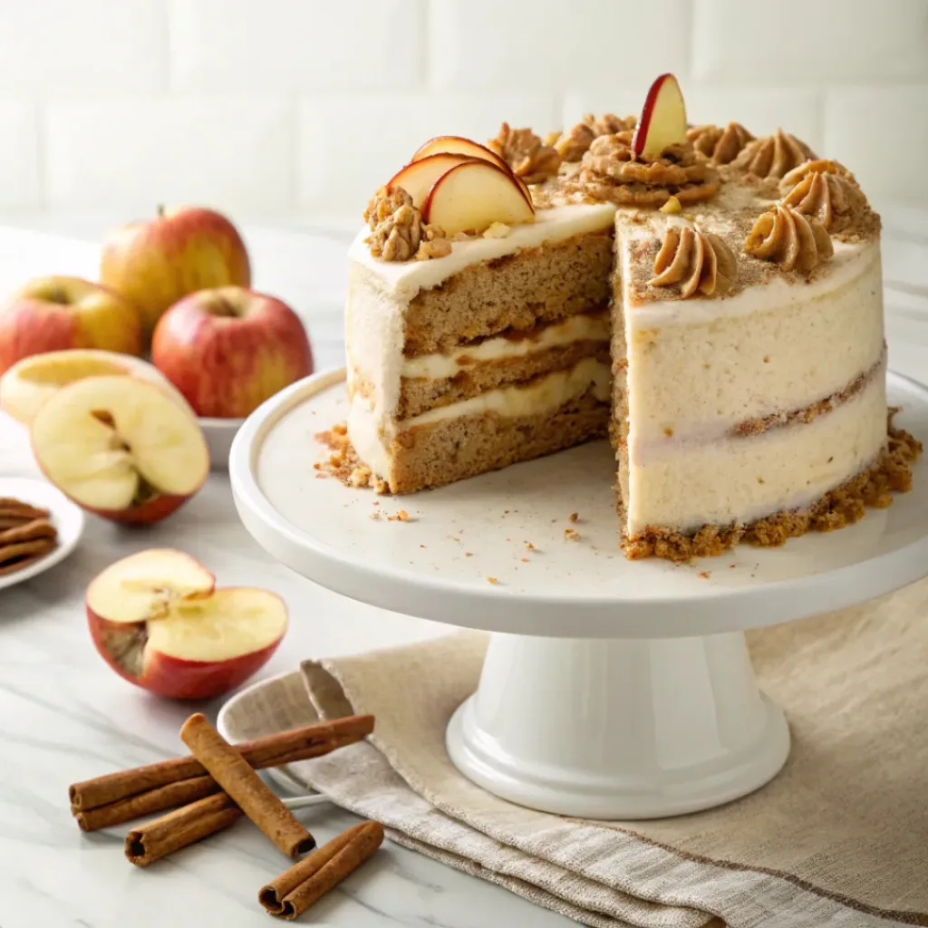 Homemade apple spice cake with cream cheese frosting and cinnamon apples on a cake stand.