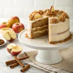 Homemade apple spice cake with cream cheese frosting and cinnamon apples on a cake stand.