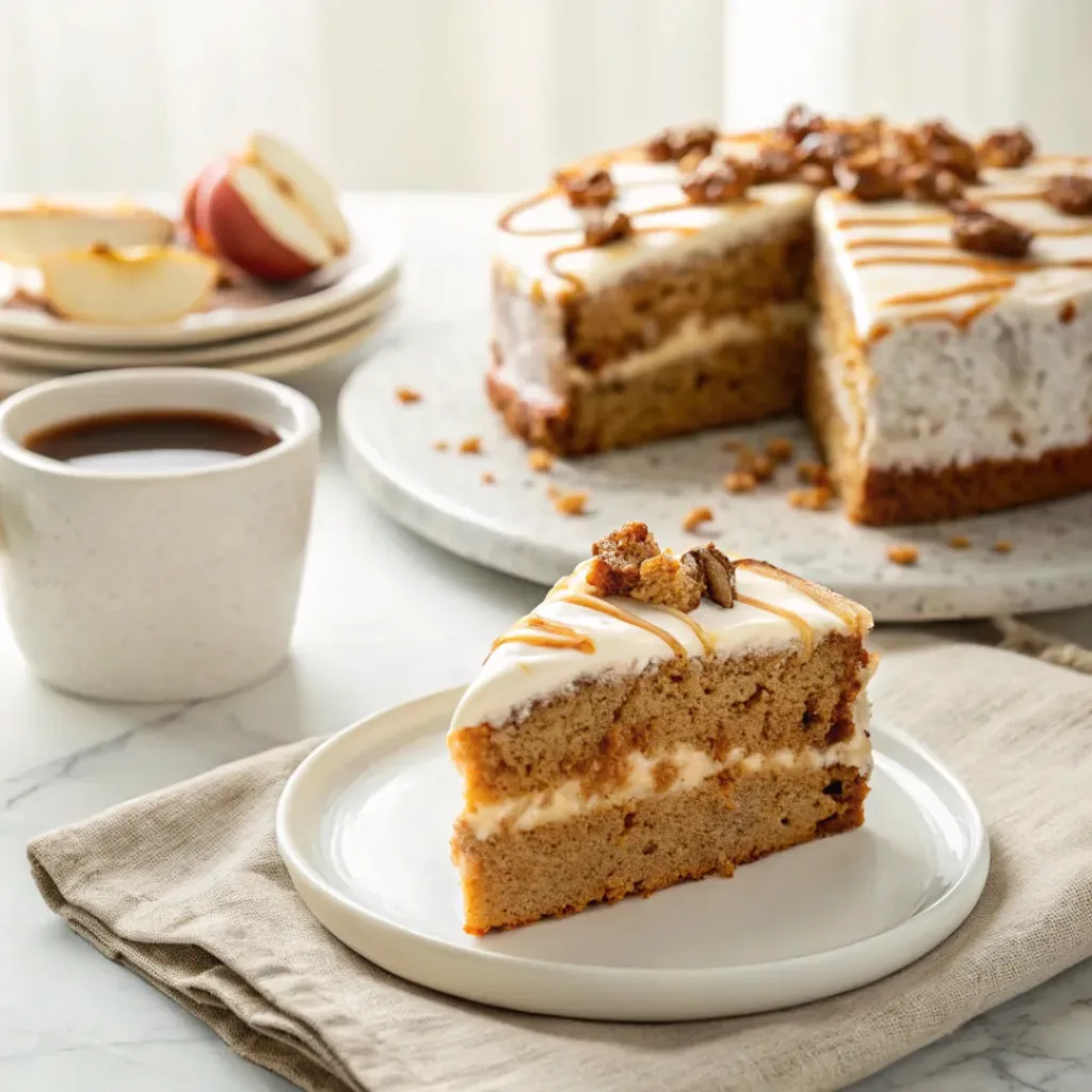 Apple Spice Cake - Moist and Easy Autumn Dessert 8 Slice of apple spice cake served with caramel sauce and a cup of hot coffee.