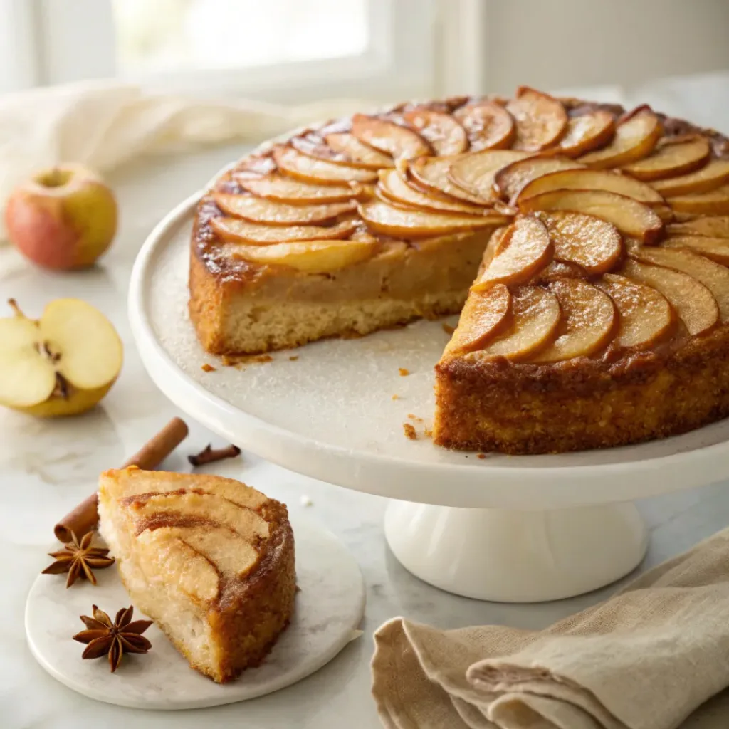 Home 6 Homemade apple upside down cake topped with caramelized apple slices on a white cake stand.
