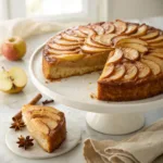 Homemade apple upside down cake topped with caramelized apple slices on a white cake stand.