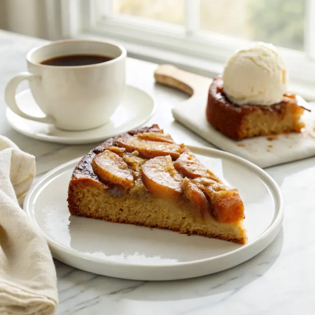 Apple Upside Down Cake - Perfectly Caramelized Autumn Showstopper 8 Slice of apple upside down cake served with vanilla ice cream, fresh apple slices, and hot coffee.