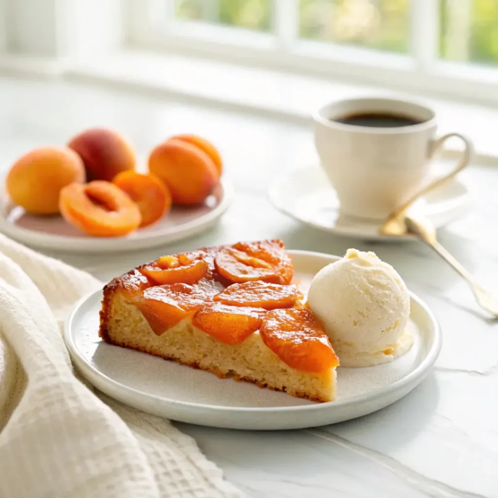 Apricot Upside-Down Cake - Beautifully Moist Summer Dessert 8 Slice of apricot upside-down cake served with vanilla ice cream and fresh apricots alongside a cup of coffee.