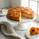 Freshly baked apricot upside-down cake topped with caramelized apricot halves on a serving plate.