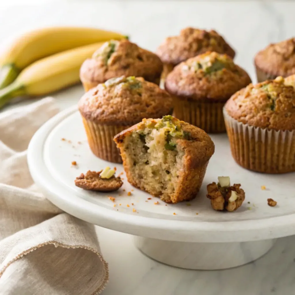 Homemade banana zucchini muffins with golden tops and moist interiors on a serving platter.
