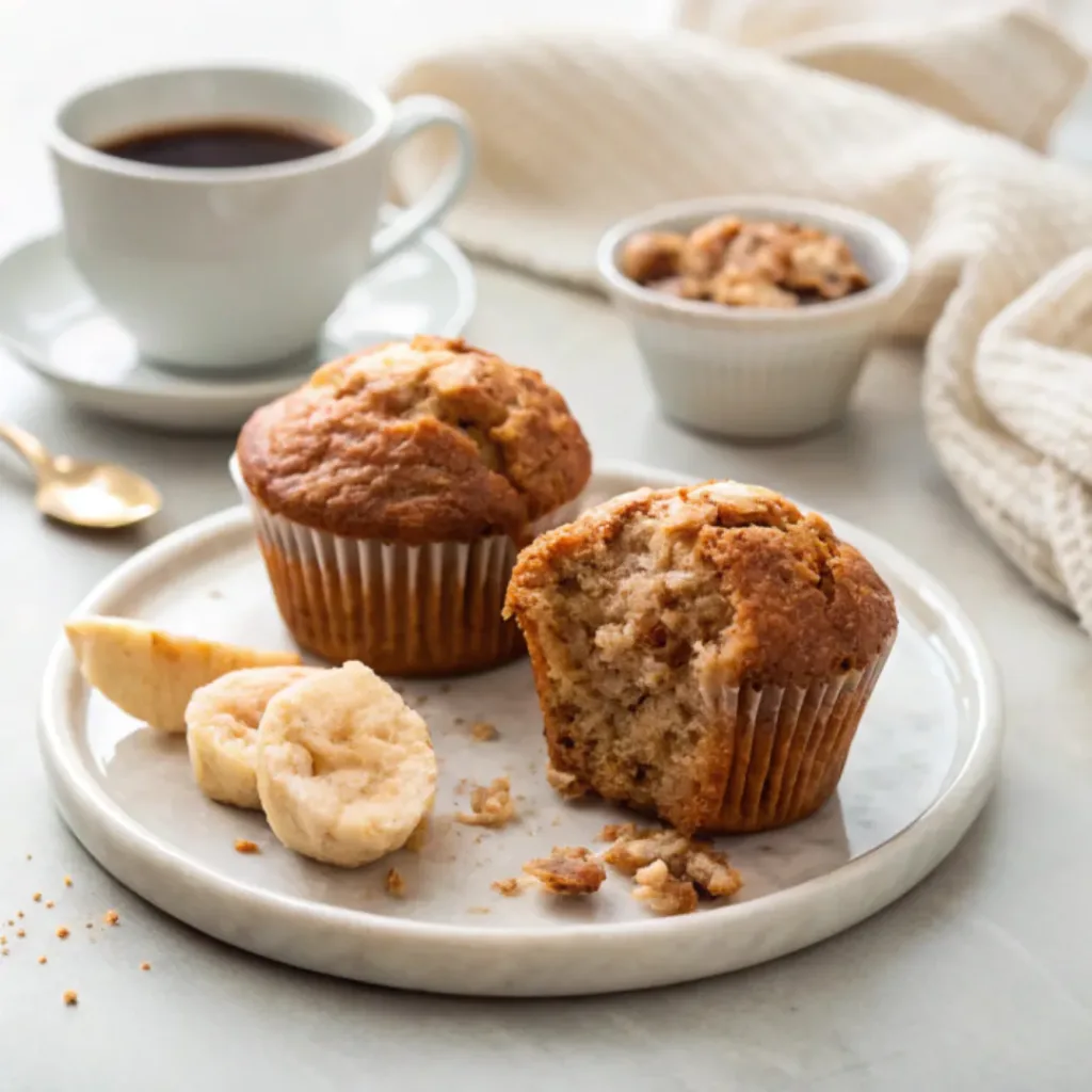 Banana zucchini muffins served with butter, fresh banana slices, and a cup of coffee.
