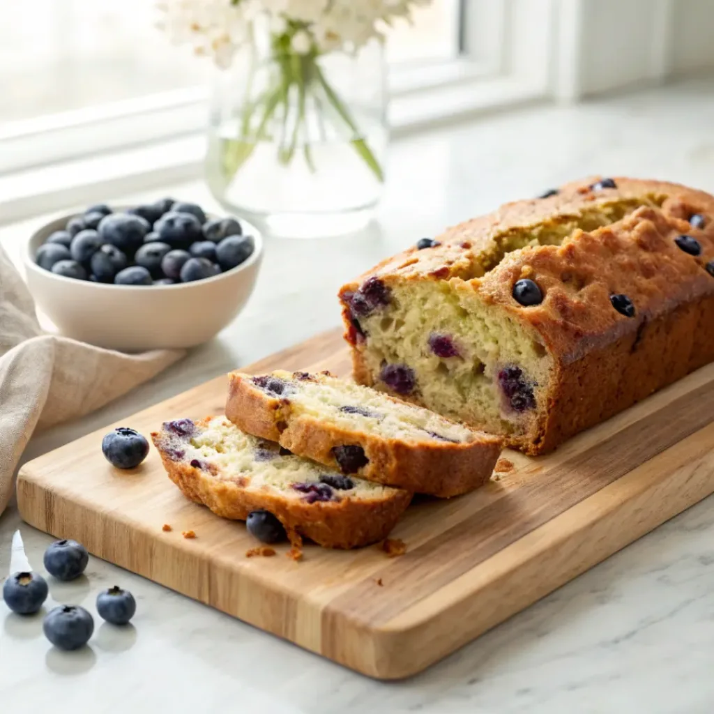 Homemade blueberry zucchini bread with fresh blueberries and a moist, tender crumb on a wooden cutting board.