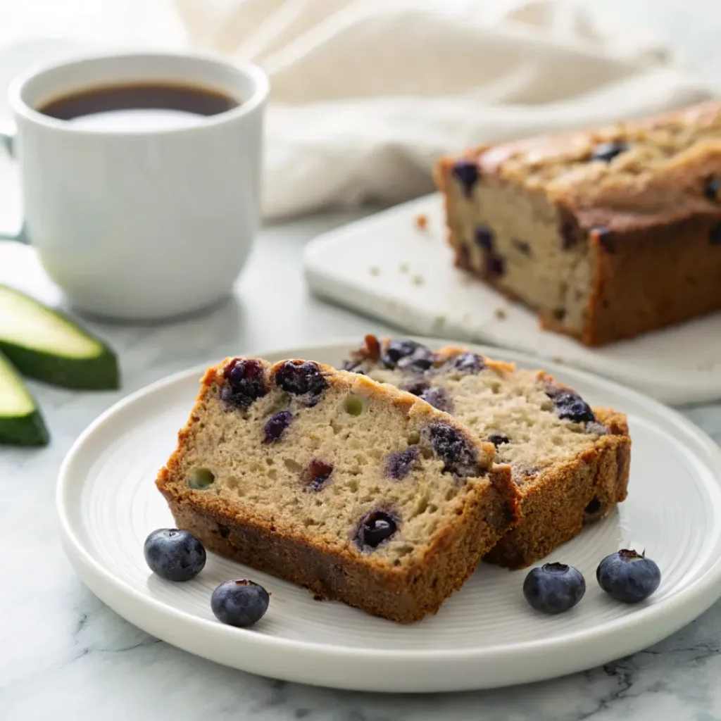 Blueberry Zucchini Bread - Super Moist and Easy Summer Loaf 8 Slice of blueberry zucchini bread served with butter, fresh blueberries, and a cup of coffee.