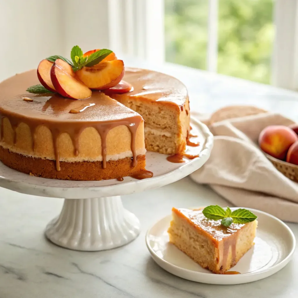 Homemade brown sugar peach cake topped with smooth brown sugar icing and fresh peach slices.
