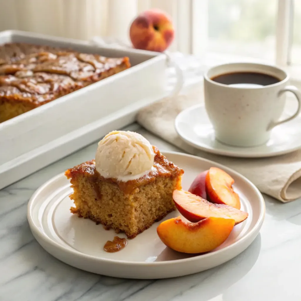 Brown Sugar Peach Cake - Moist and Ready Fast 8 Slice of brown sugar peach cake served with vanilla ice cream, fresh peach slices, and hot coffee.