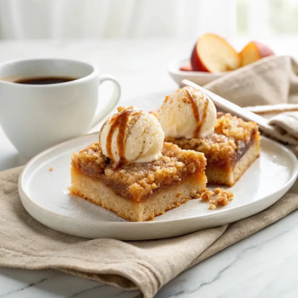 Caramel Apple Bars - Easy Chewy Oat Layer Dessert 7 Caramel apple bars served with vanilla ice cream and hot coffee.