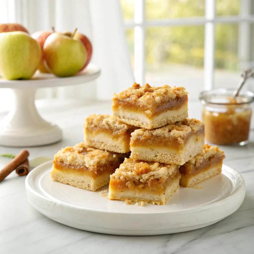 Homemade caramel apple bars with buttery shortbread crust, cinnamon apples, and caramel drizzle on a serving plate.