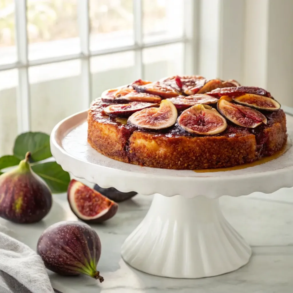 Home 7 Homemade caramelized fig upside-down cake topped with glossy fresh figs on a white cake stand.