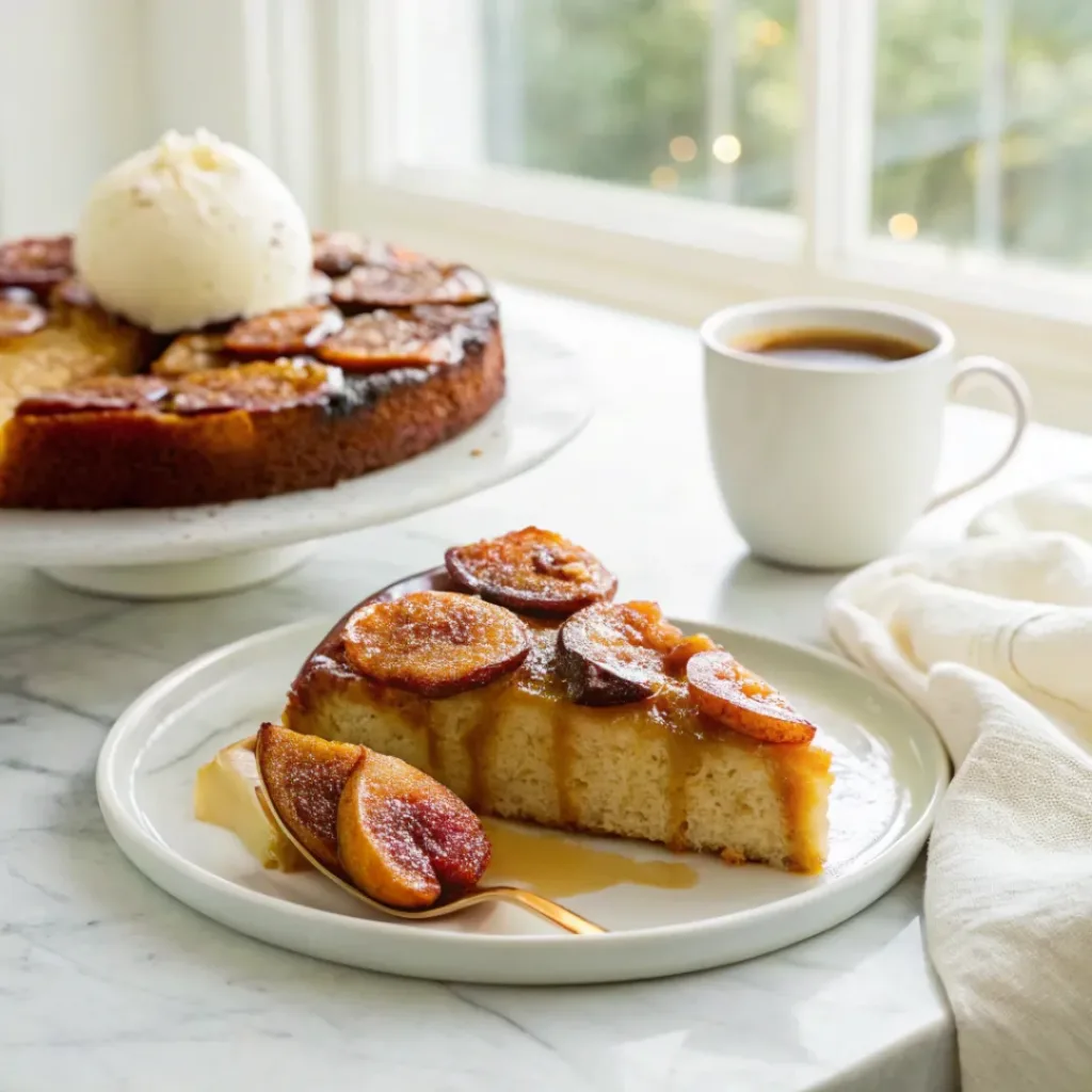 Caramelized Fig Upside down Cake - Beautifully Sweet Autumn Masterpiece 8 Slice of caramelized fig upside-down cake served with vanilla ice cream and coffee.