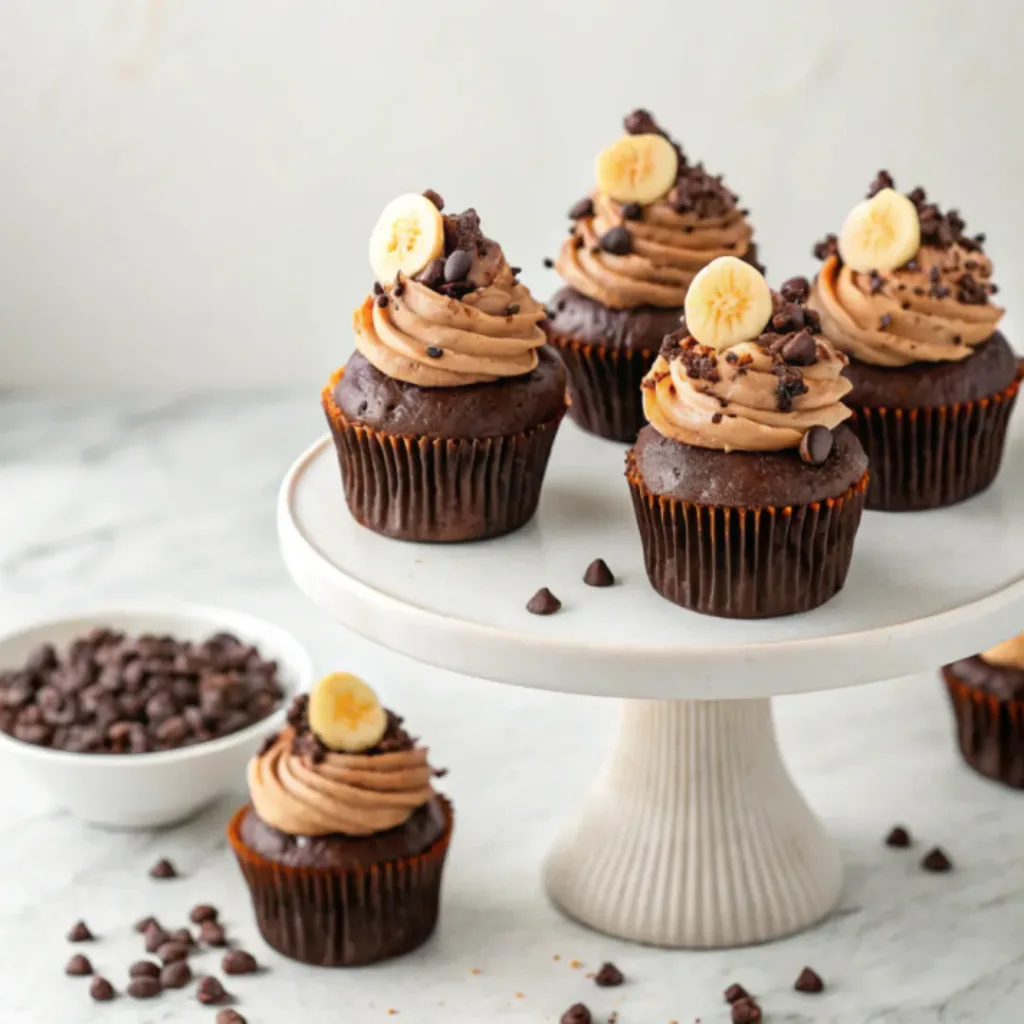 Homemade chocolate banana cupcakes topped with chocolate buttercream and banana slices on a serving stand.