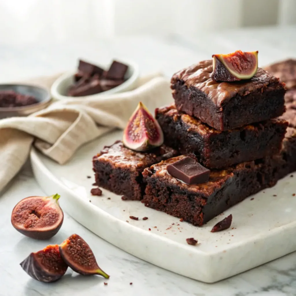Home 9 Homemade chocolate fig brownies with fudgy centers, fresh figs, and melted dark chocolate on a serving plate.