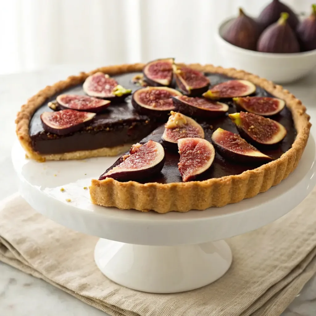 Home 6 Homemade chocolate fig tart with rich chocolate ganache and fresh fig slices on a tart stand.