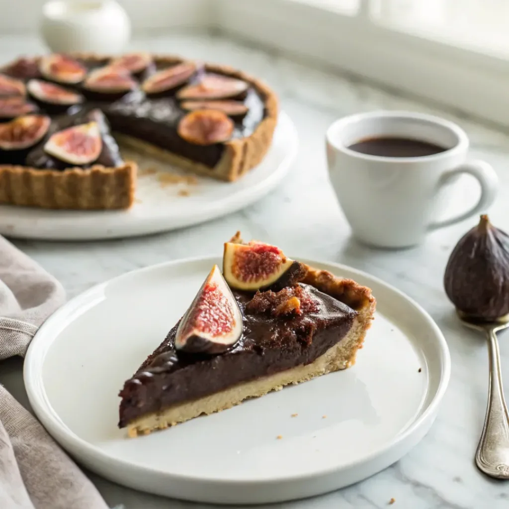Chocolate Fig Tart - Elegant and Rich Dessert 8 Slice of chocolate fig tart served with fresh figs and a cup of espresso.