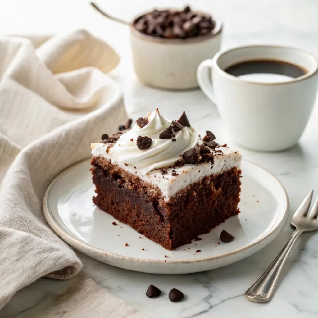 Chocolate Poke Cake - Extra Fudgy and Easy Summer Treat 8 Slice of chocolate poke cake served with freshly brewed coffee and chocolate curls on a dessert plate.